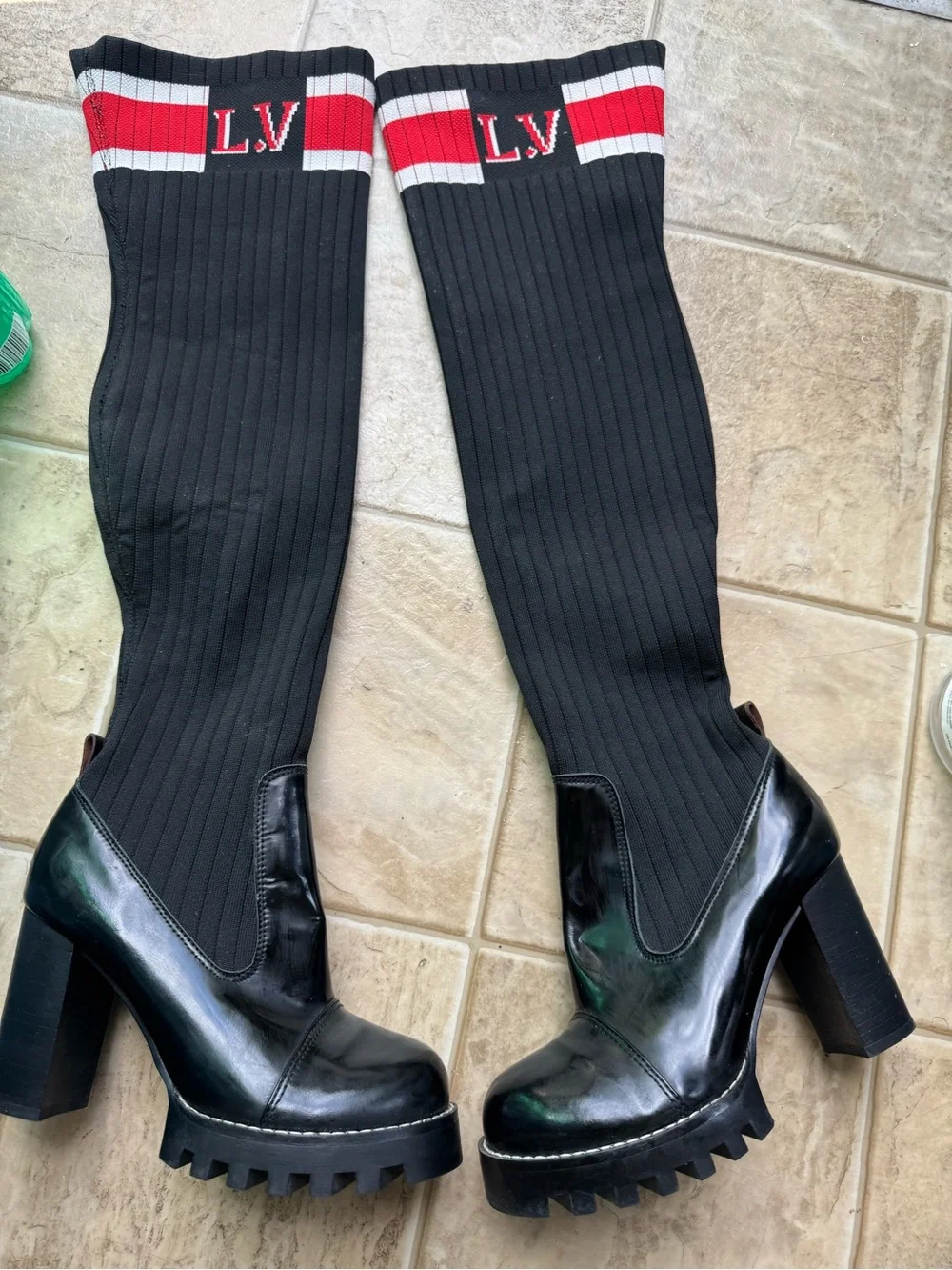 Louis Vuitton Black Over-the-Knee Platform Sock Boots with Red & White Cuff